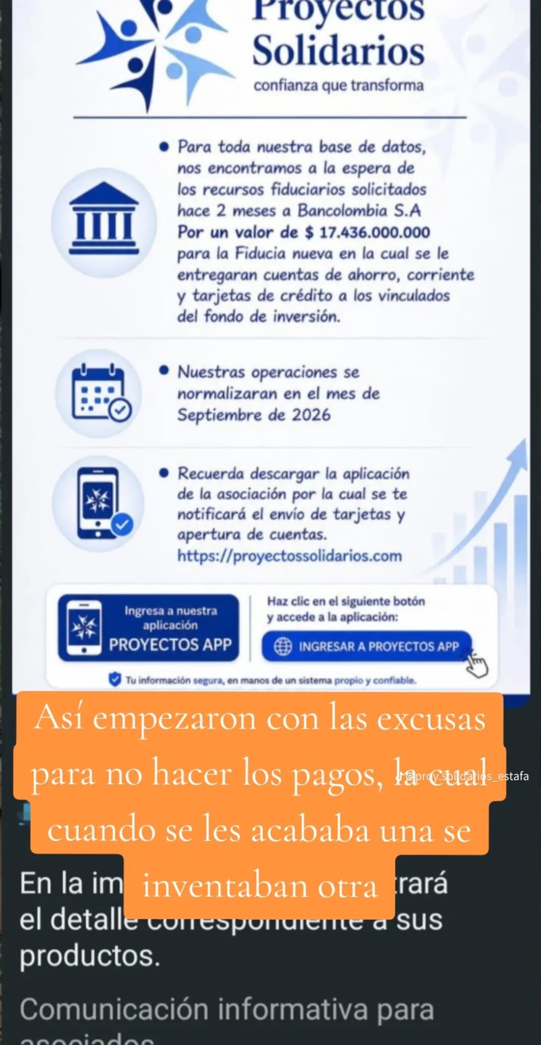 Captura compartida de un comunicado sobre recursos fiduciarios, con comentarios del autor de la publicación.