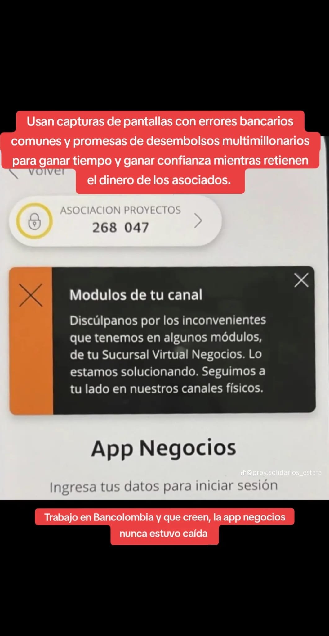 Captura de App Negocios con un mensaje sobre módulos del canal y comentarios añadidos por el autor.