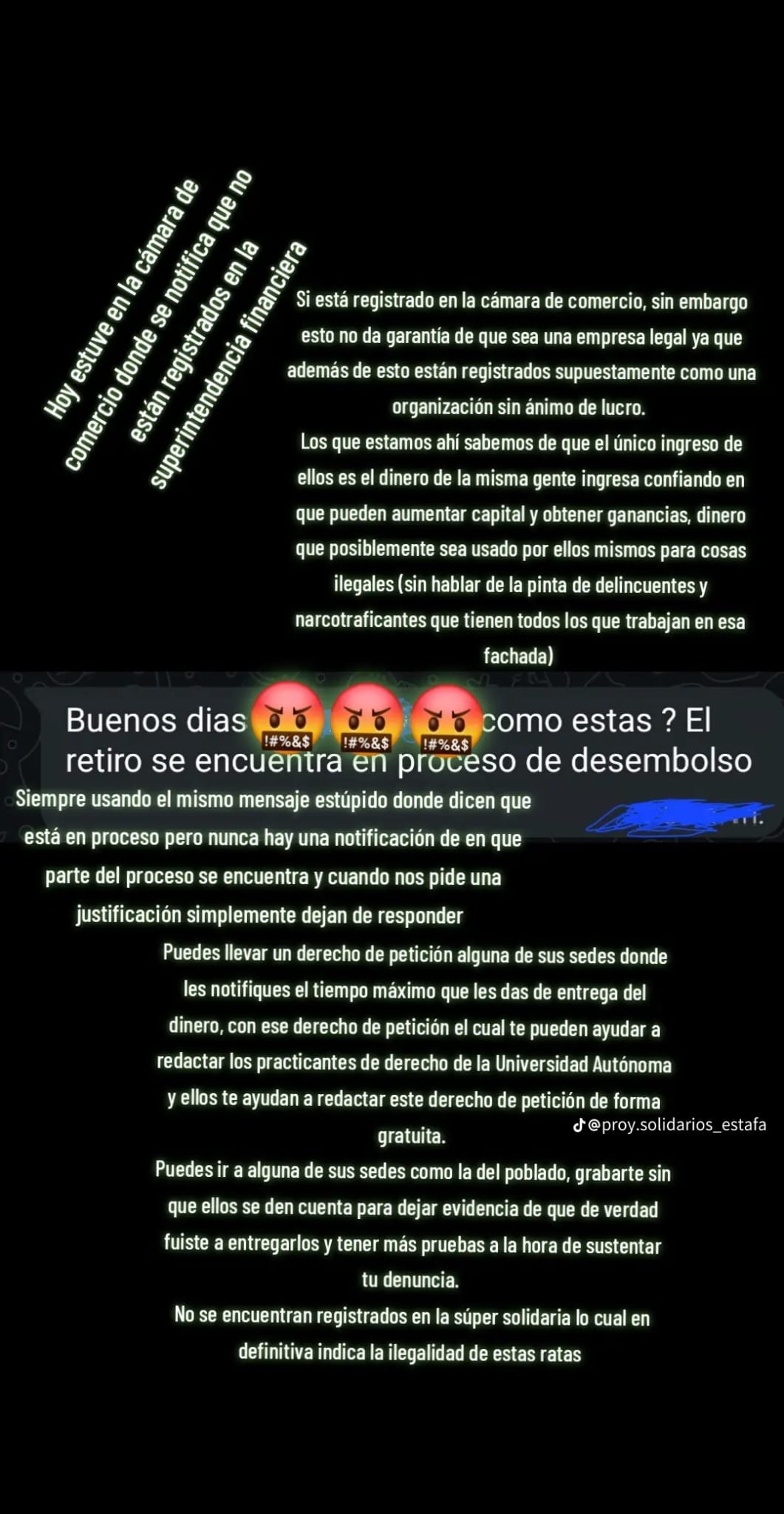 Captura de un testimonio de terceros y una conversación sobre un retiro en proceso de desembolso.